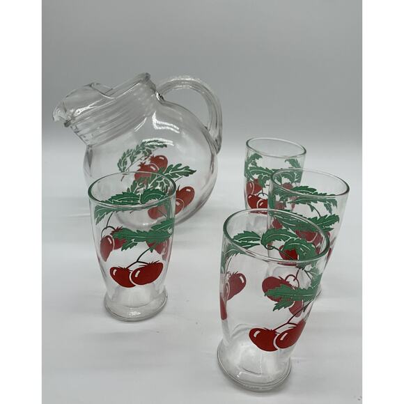 Vintage Tomato Tilted Glass Juice Pitcher Ice Lip 4 4 Oz Juice Glasses Read - Picture 6 of 8